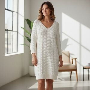 Black Tape Cable Knit Sweater Dress White V-Neck Long Sleeve Tunic Dress M NWOT